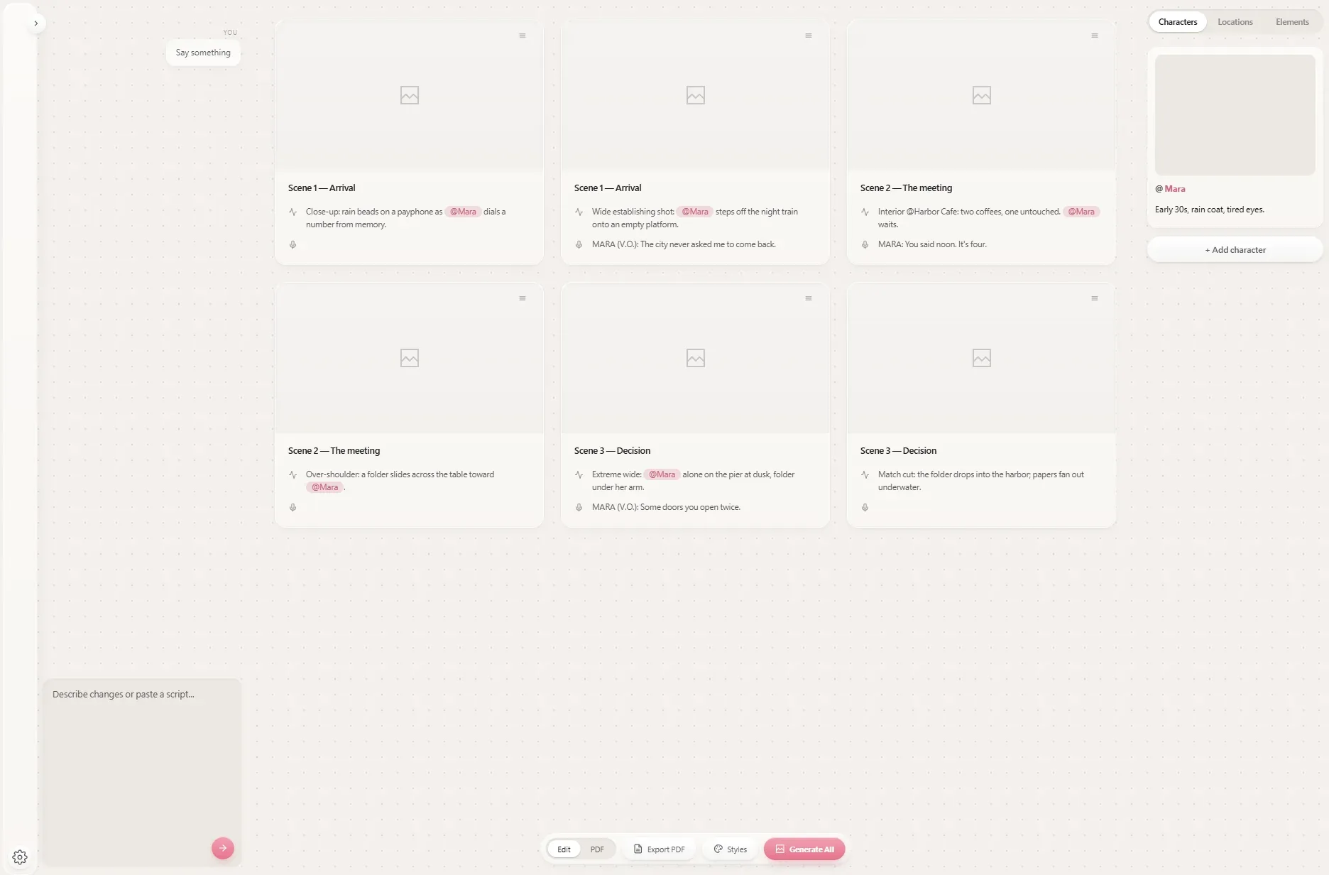 Sceneline demo: a script pasted into the chat panel becomes a storyboard of frames with tagged characters and generated images